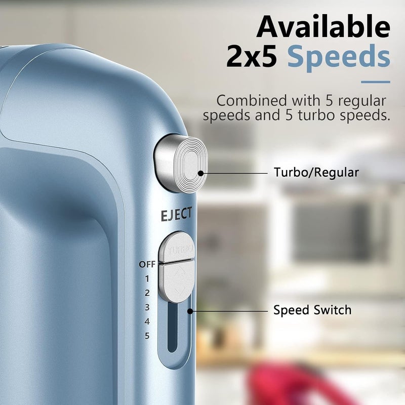 LILPARTNER Hand Mixer Electric, 450W Kitchen Mixers with Scale Cup Storage Case, Turbo Boost/Self-Control Speed + 5 Speed + Eject Button + 5 Stainless Steel Accessories, For Easy Whipping Dough, Cream, Blue - Image 3